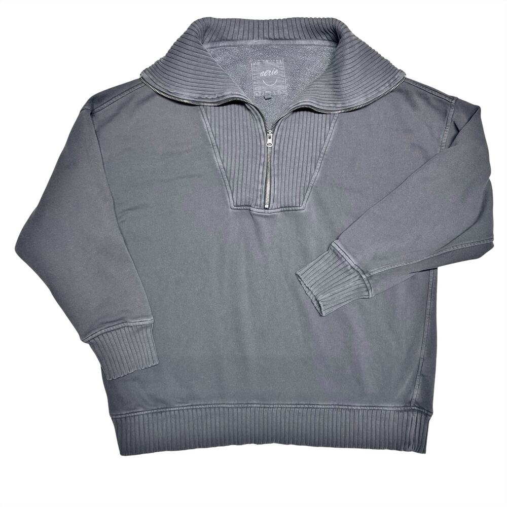 AERIE Down To Earth Oversized Quarter-Zip Terry Sweatshirt in Washed Gray Size L